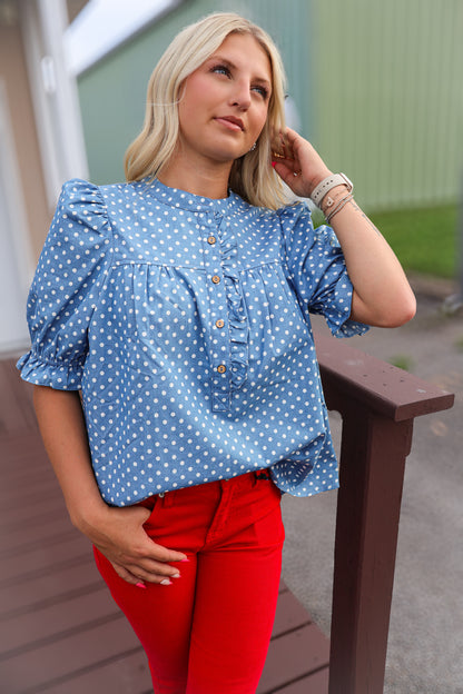 Polka Dot Ruffled Top - Light Denim