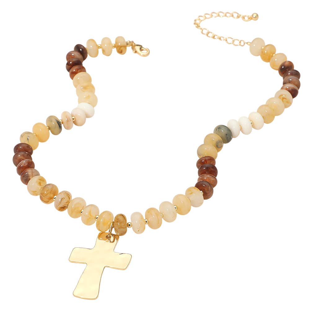 18K Gold Dipped Hammered Cross Plate Pendant Chunky Resin Disc Beaded Necklace: Fuchsia,Gold