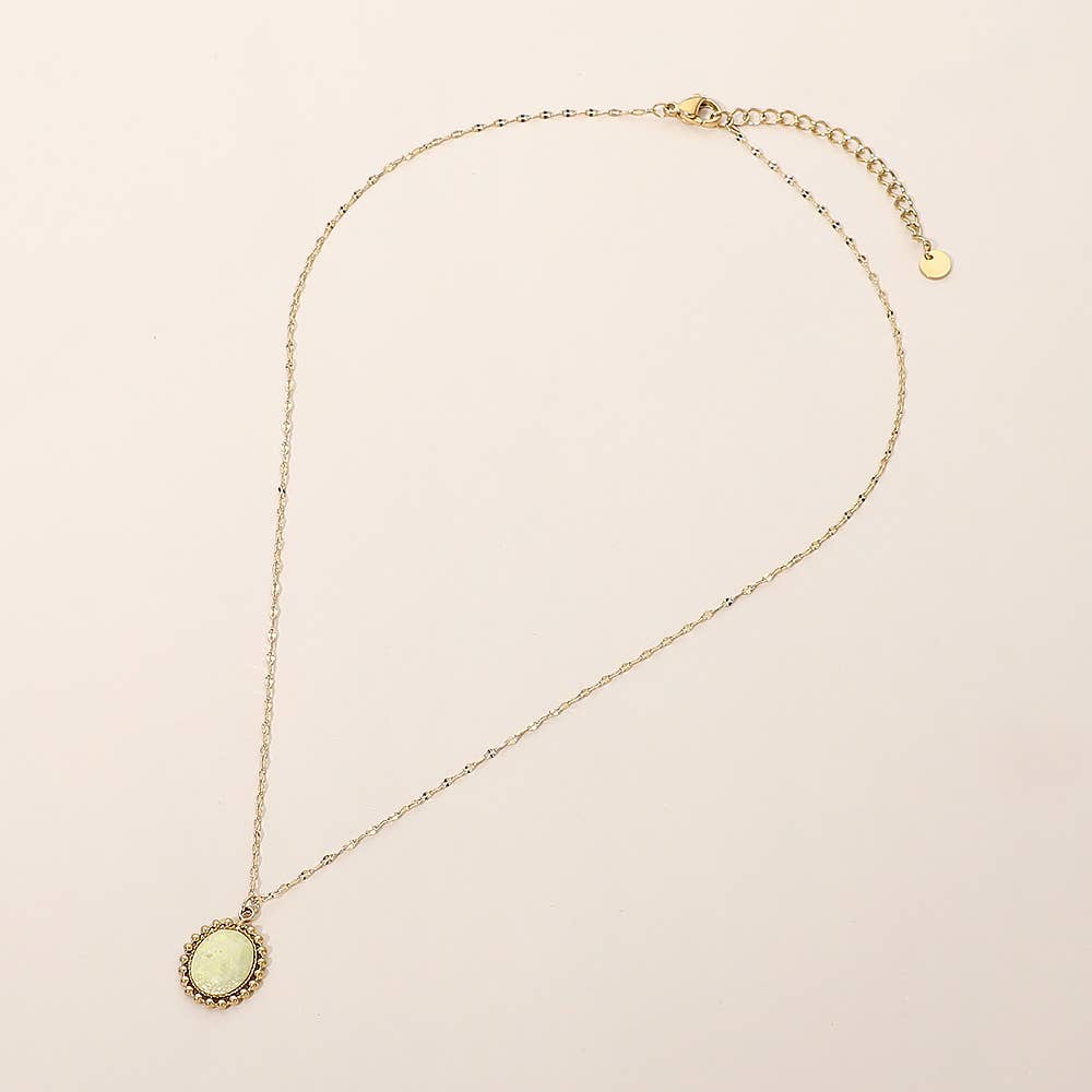 SECRET BOX_Stainless Steel Beaded Trim Oval Stone Pendant Necklace: Black