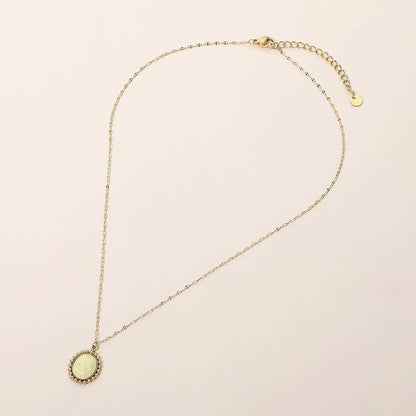 SECRET BOX_Stainless Steel Beaded Trim Oval Stone Pendant Necklace: Black
