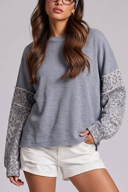 Contrast Print Sleeve Thermal Top: DENIM