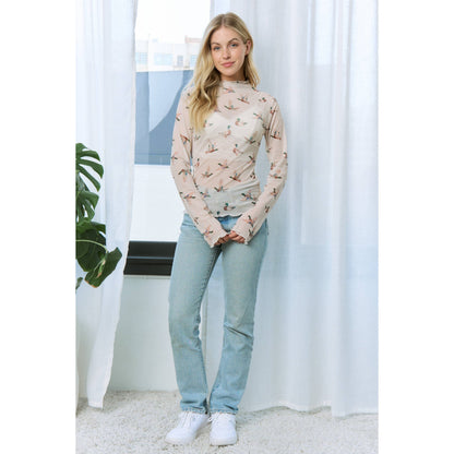 MOCK NECK DUCK PRINT MESH TOP: Beige Multi
