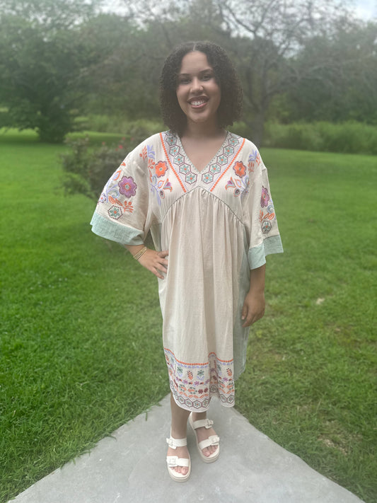 Tan and Sage Embroidered Easel Dress