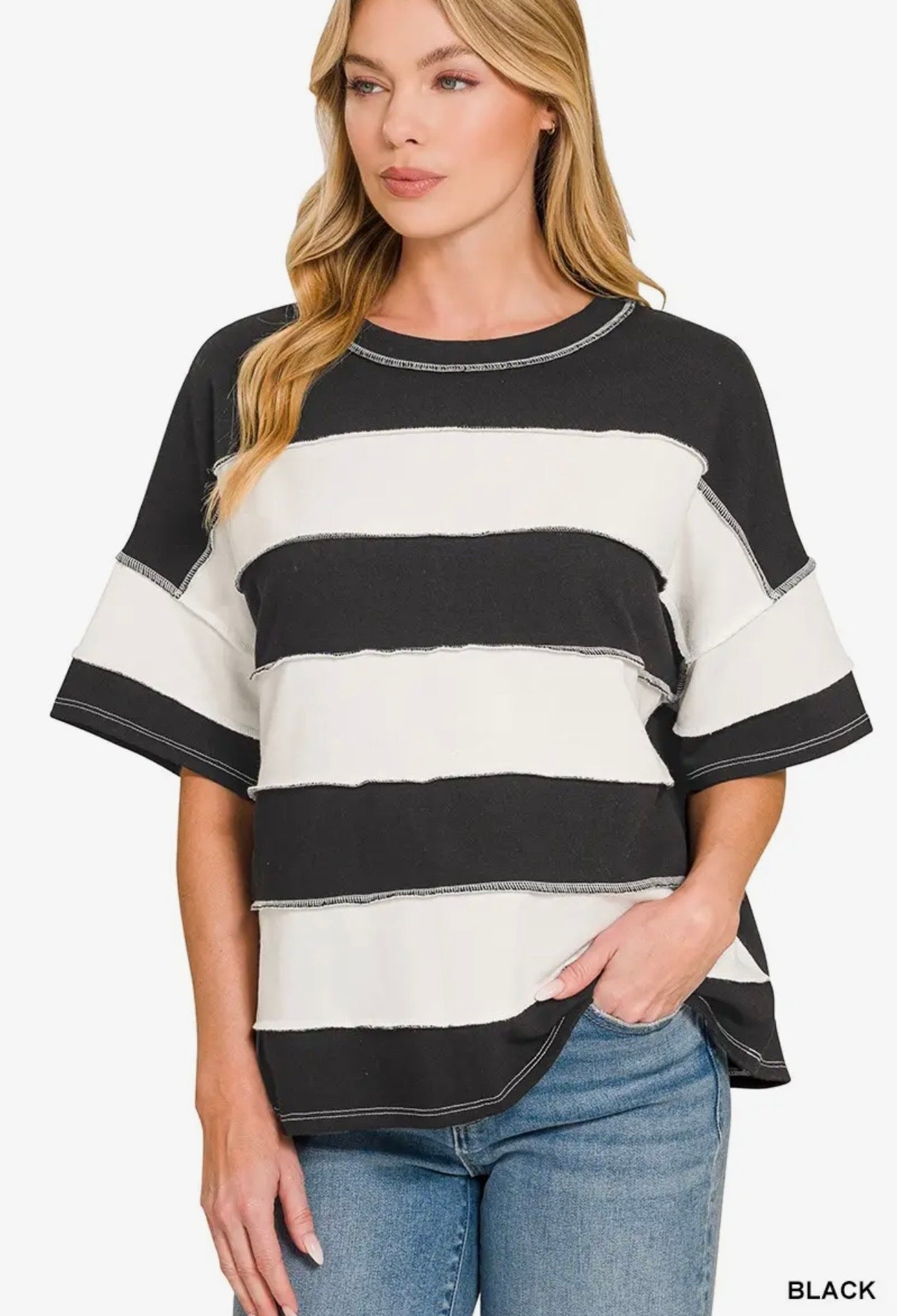 Plus Zenana- French Terry Striped Exposed Seam Top-Black
