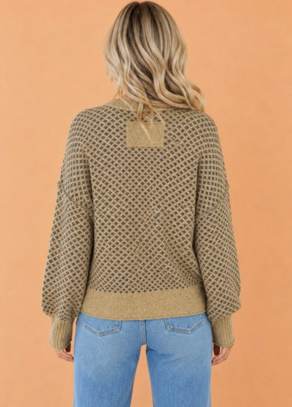 Geometric Reverse Seam Ribbed Trim Drop Shoulder Sweater