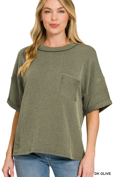 Raised Rib Short Sleeve Front Pocket Top-Dark Green