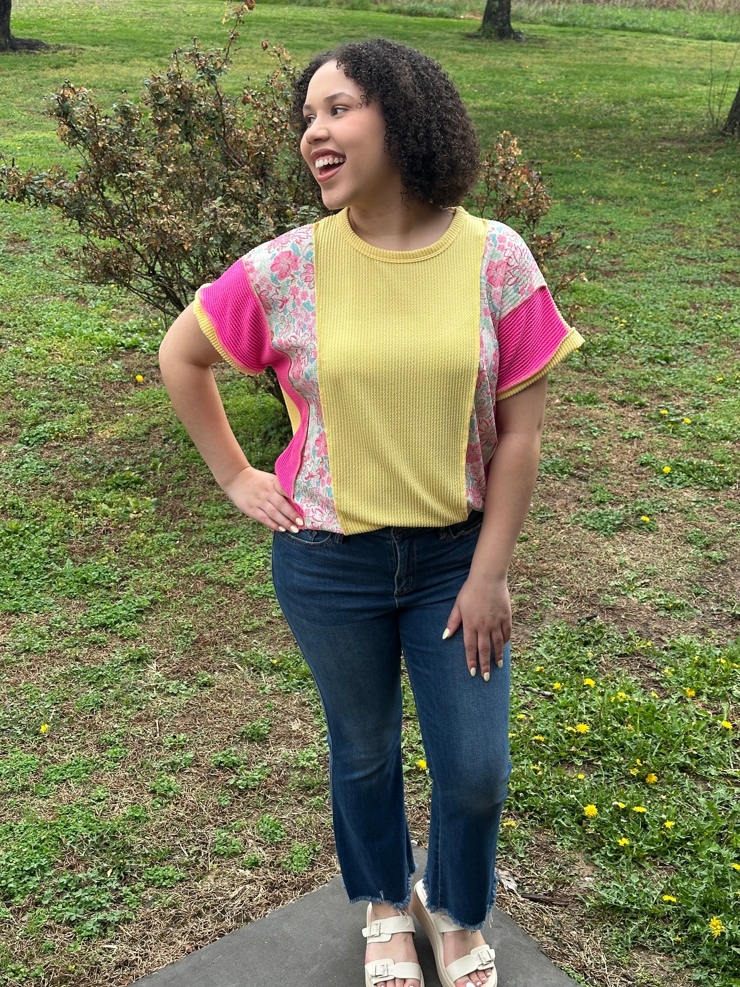Yellow And Pink Ribbed Floral Top
