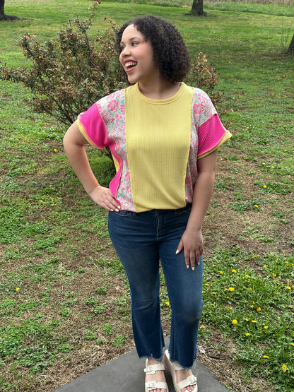 Yellow And Pink Ribbed Floral Top