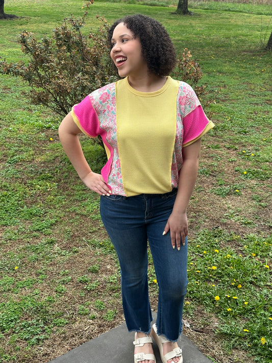 Yellow And Pink Ribbed Floral Top