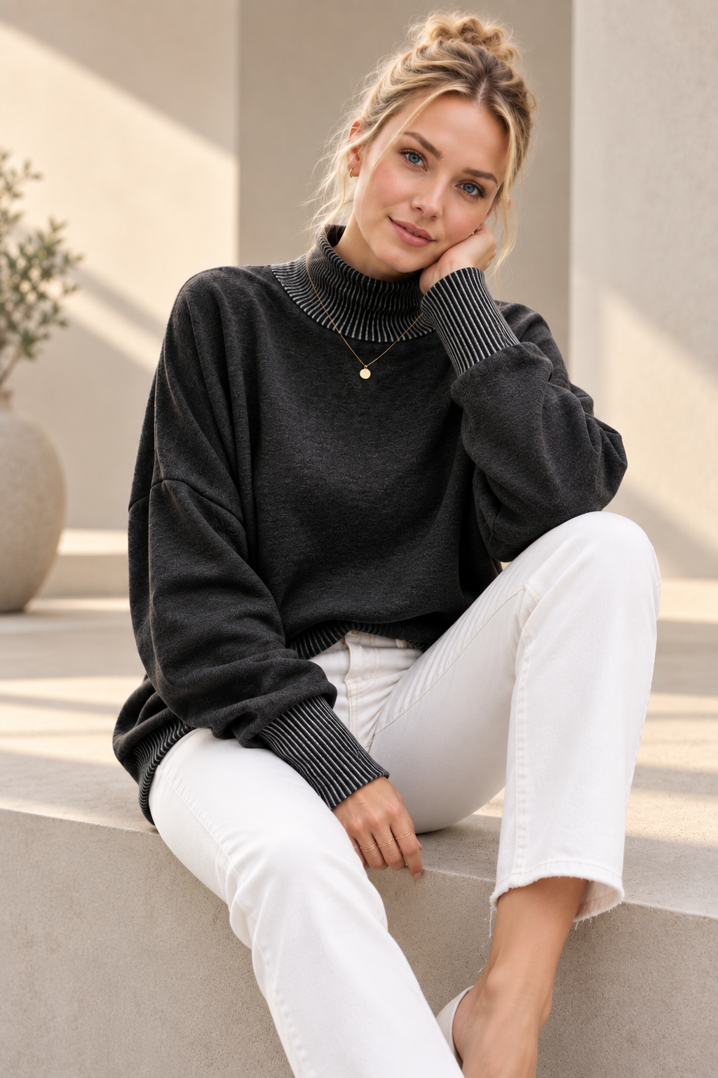 MOCK NECK FLEECE SWEATSHIRT WITH WAVE RIB DETAILS: SAGE / 3-3;S/M-L/XL