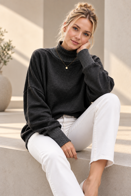MOCK NECK FLEECE SWEATSHIRT WITH WAVE RIB DETAILS: ROYAL BLUE / 3-3;S/M-L/XL
