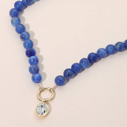 Round Stone Bezel Charm Pendant Beaded Necklace: Blue