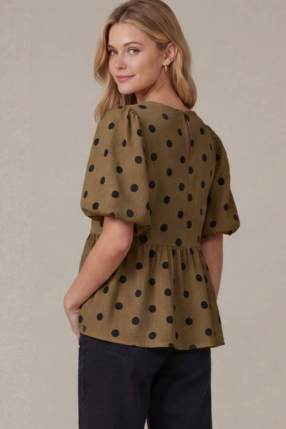 Puff Sleeve Polkadot Woven Top: MOCHA