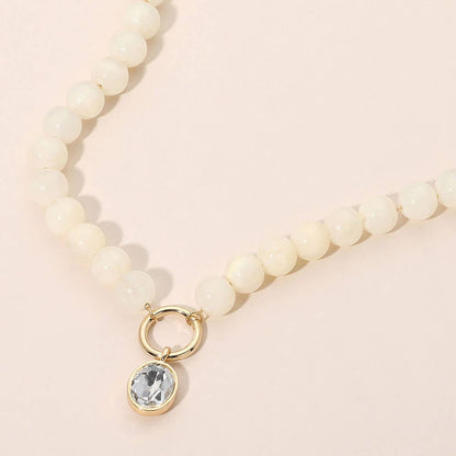 Round Stone Bezel Charm Pendant Beaded Necklace: Blue