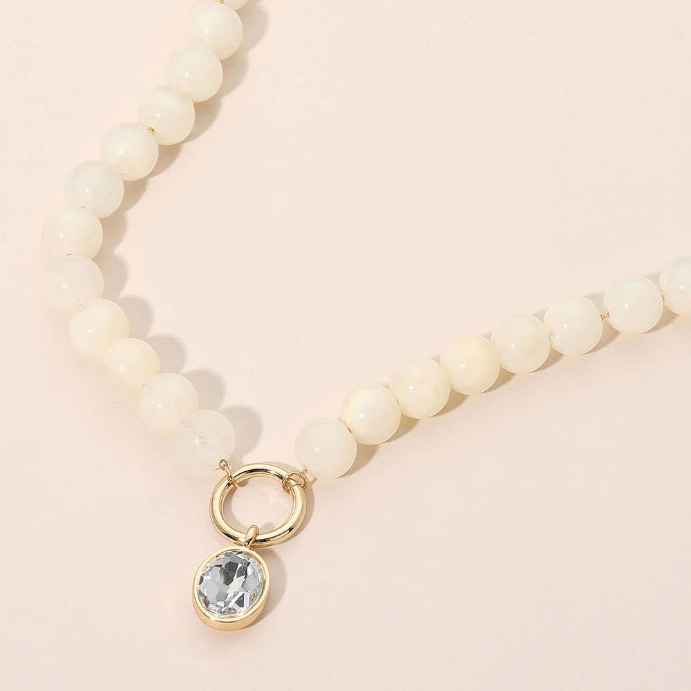 Round Stone Bezel Charm Pendant Beaded Necklace: Brown