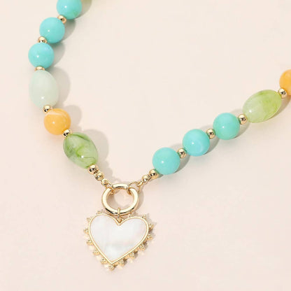 Heart Pendant Ring Accent Mixed Bead Necklace: Brown