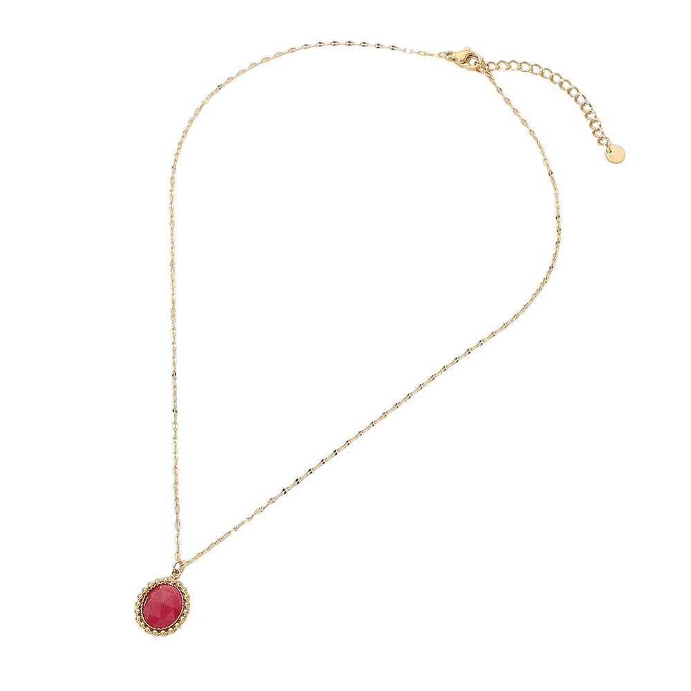 SECRET BOX_Stainless Steel Beaded Trim Oval Stone Pendant Necklace: Fuchsia