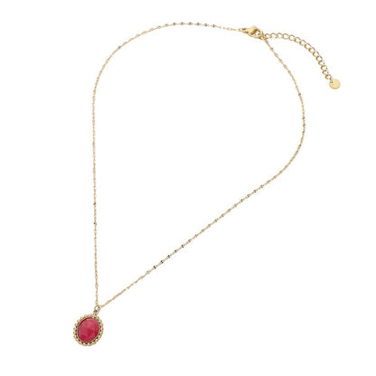 SECRET BOX_Stainless Steel Beaded Trim Oval Stone Pendant Necklace: Fuchsia