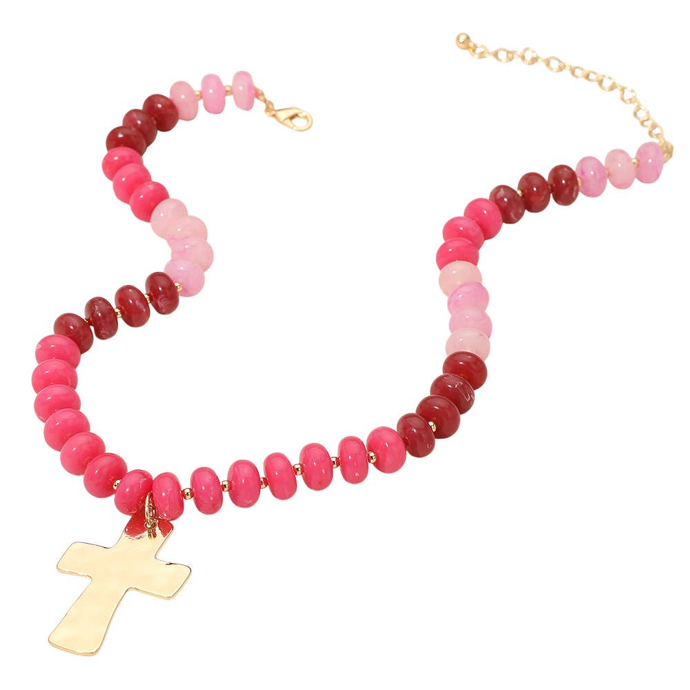 18K Gold Dipped Hammered Cross Plate Pendant Chunky Resin Disc Beaded Necklace: Fuchsia,Gold