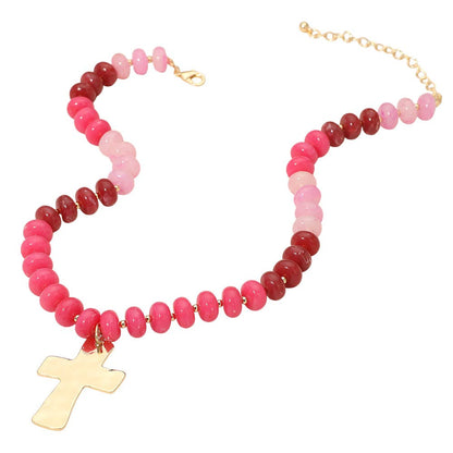 18K Gold Dipped Hammered Cross Plate Pendant Chunky Resin Disc Beaded Necklace: Fuchsia,Gold