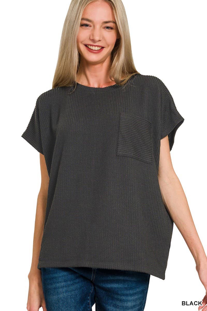 Raised Rib Front Pocket Boxy Top: BLACK