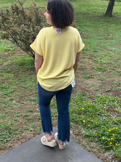 Yellow And Pink Ribbed Floral Top