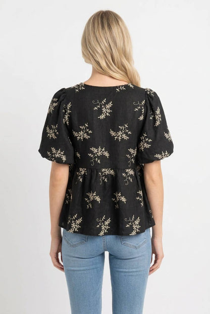 Embroidered Babydoll Top with Tie-Neck: BLACK