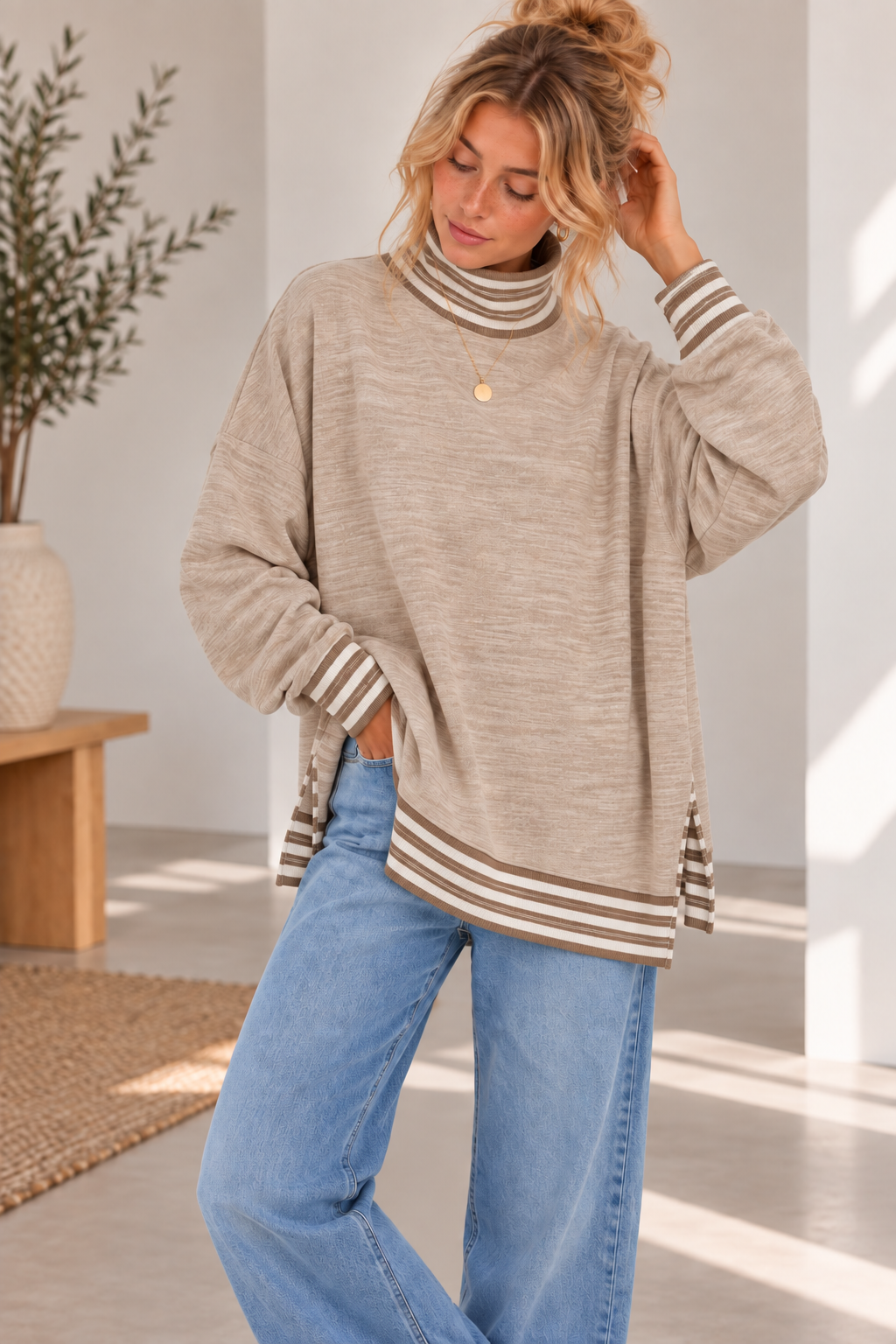 BUTTER SOFT HEATHER FLEECE MOCK NECK TUNIC STRIPE CONTRAST: Beige / 3-3;S/M-L/XL