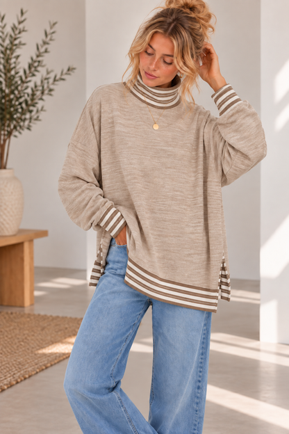 BUTTER SOFT HEATHER FLEECE MOCK NECK TUNIC STRIPE CONTRAST: Beige / 3-3;S/M-L/XL