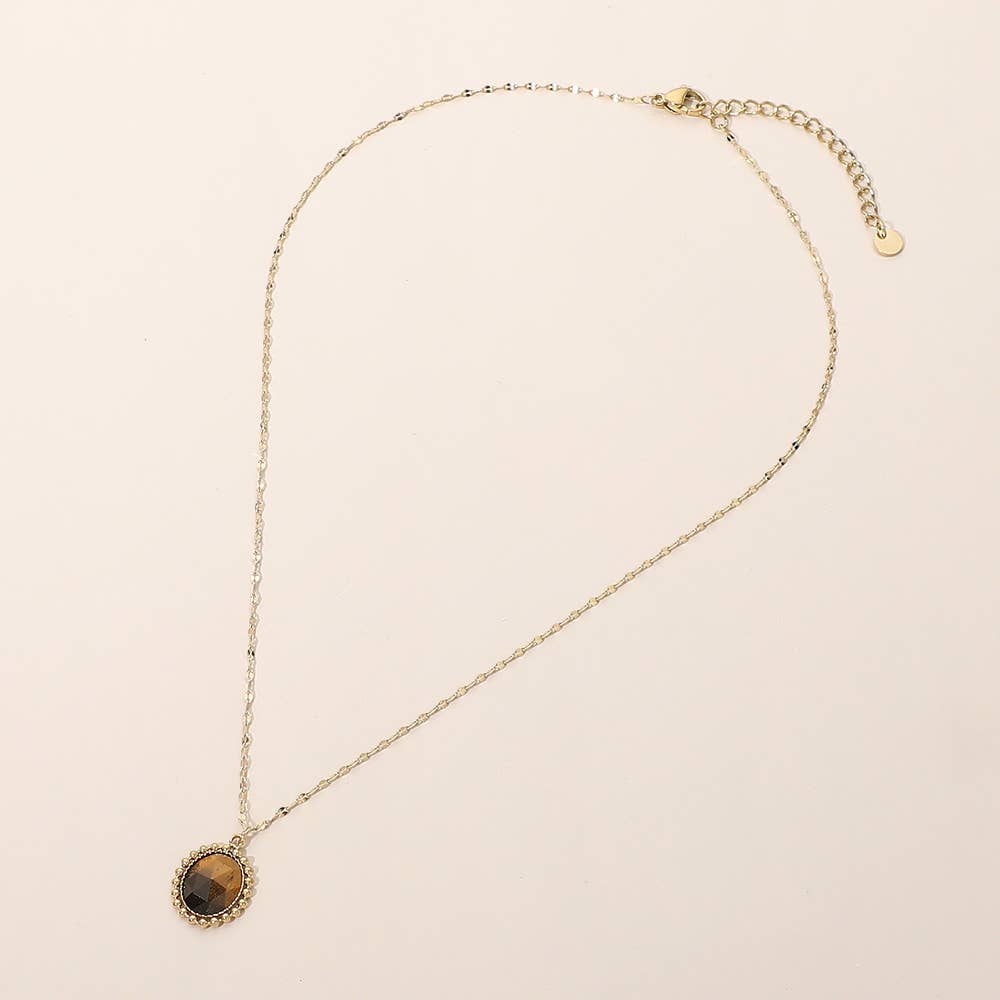 SECRET BOX_Stainless Steel Beaded Trim Oval Stone Pendant Necklace: Black