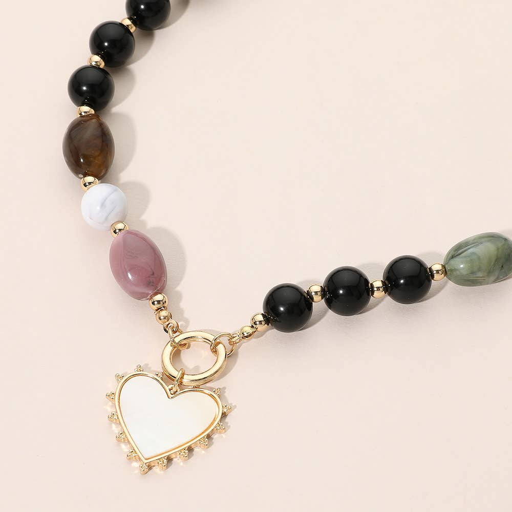 Heart Pendant Ring Accent Mixed Bead Necklace: Brown