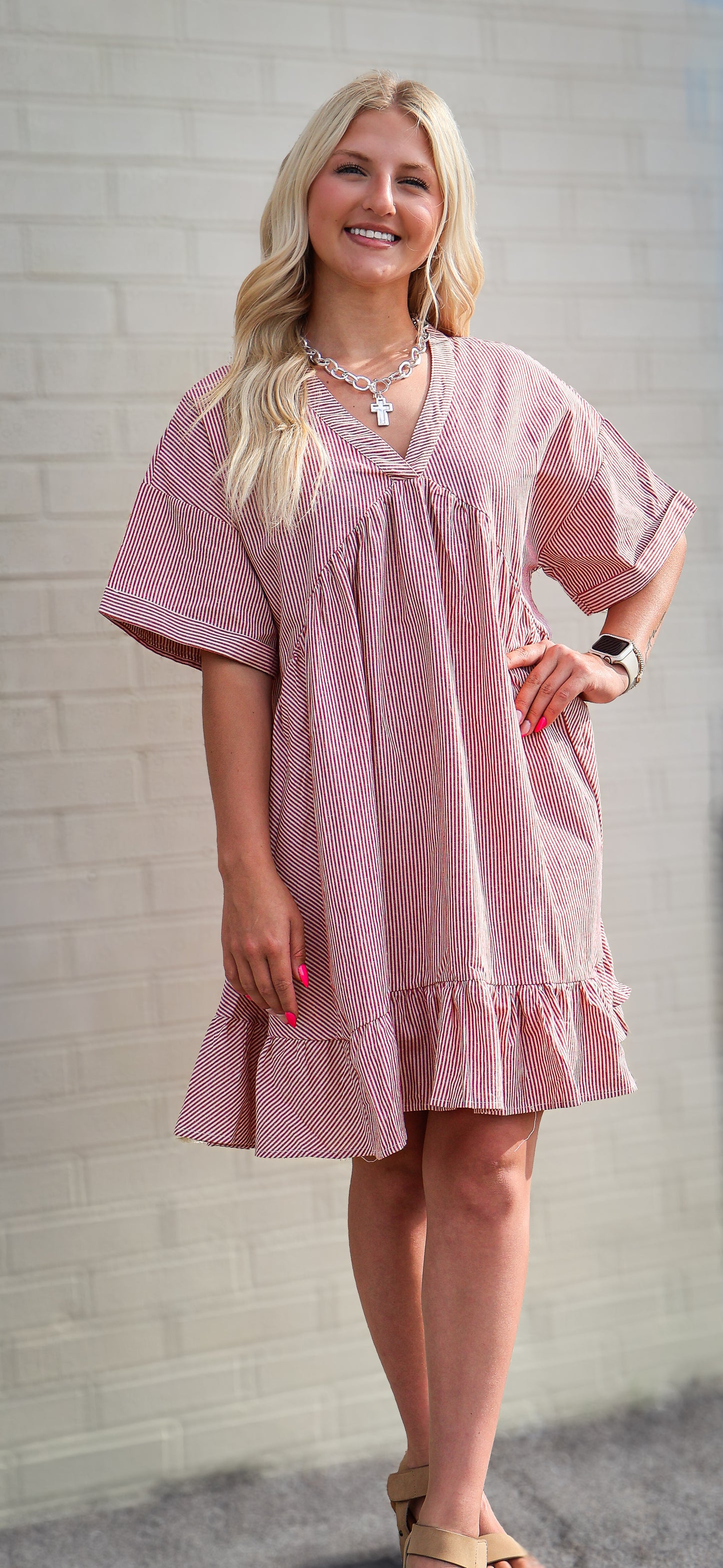 Red V-Neck Striped Tiered Baby Doll Dress