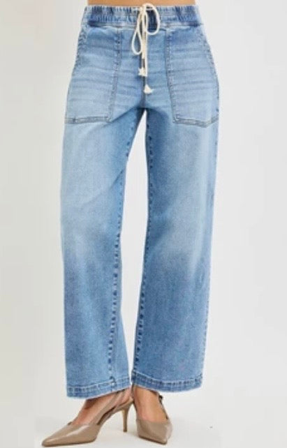 Risen Elastic Band Slouchy Cropped Baggy Jeans With Patch Pockets