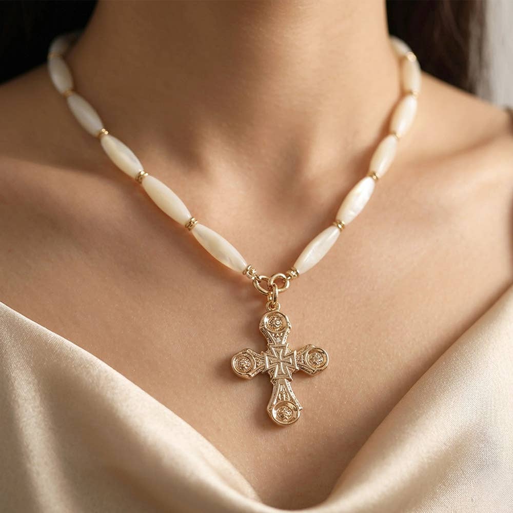 Bold Elegant Cross Pendant Chunky Resin Beaded Statement Necklace: Ivory