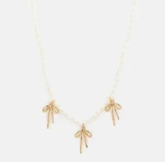 Gold - Metal Bow Station Pearl Chain Necklace