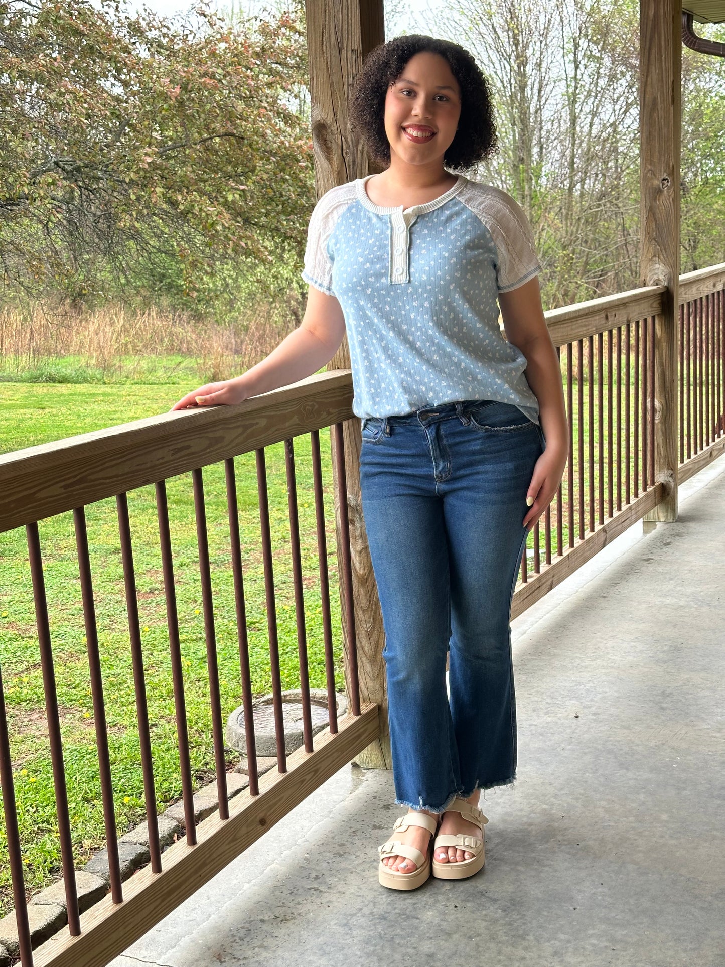 Floral Contrast Sleeve Henley Top