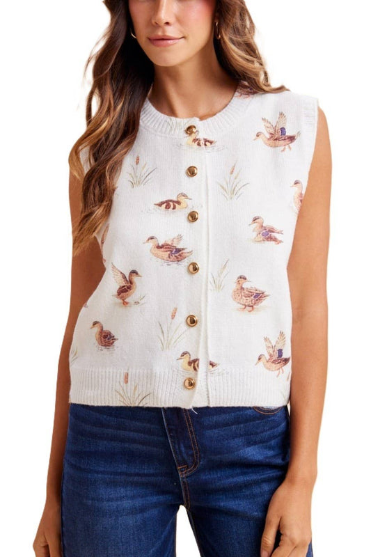Mallrad Print Button Down Sweater Vest: IVORY