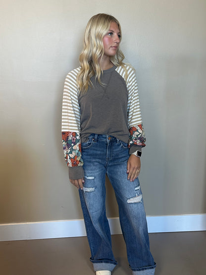 Stripe & Floral Contrast Raglan Top