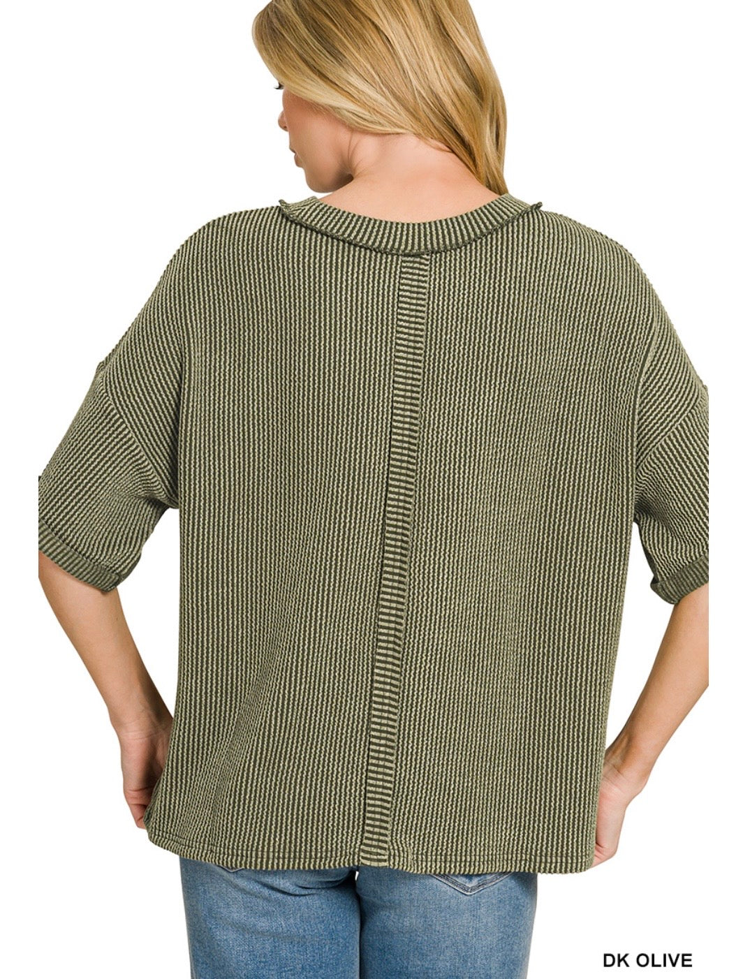 Raised Rib Short Sleeve Front Pocket Top-Dark Green