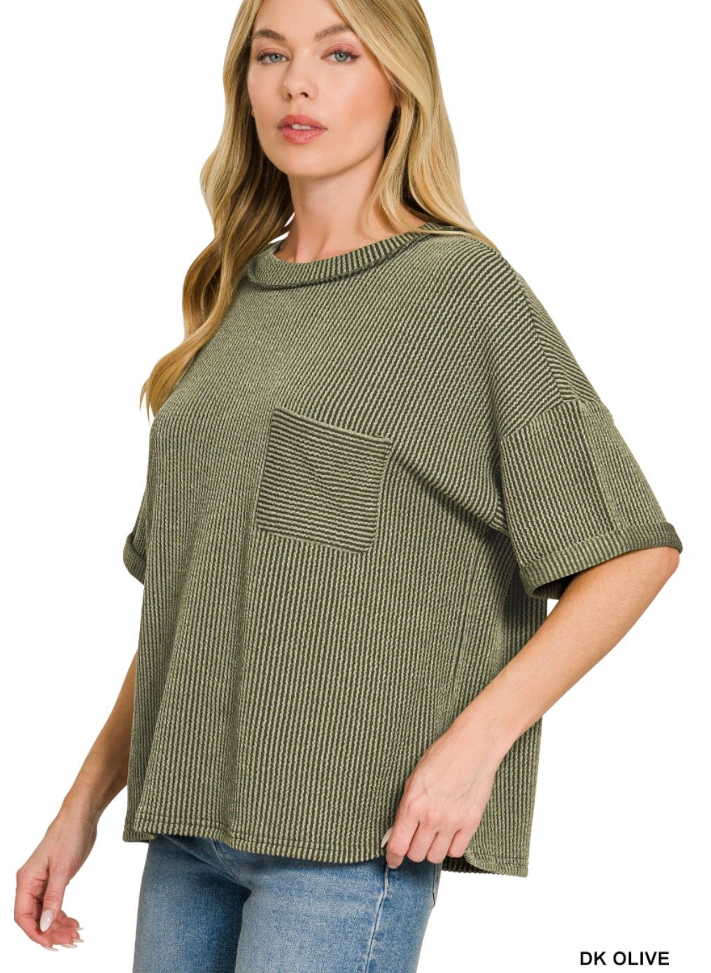 Raised Rib Short Sleeve Front Pocket Top-Dark Green