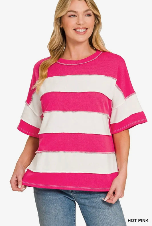 Zenana French Terry Striped Exposed Seam Top-Pink