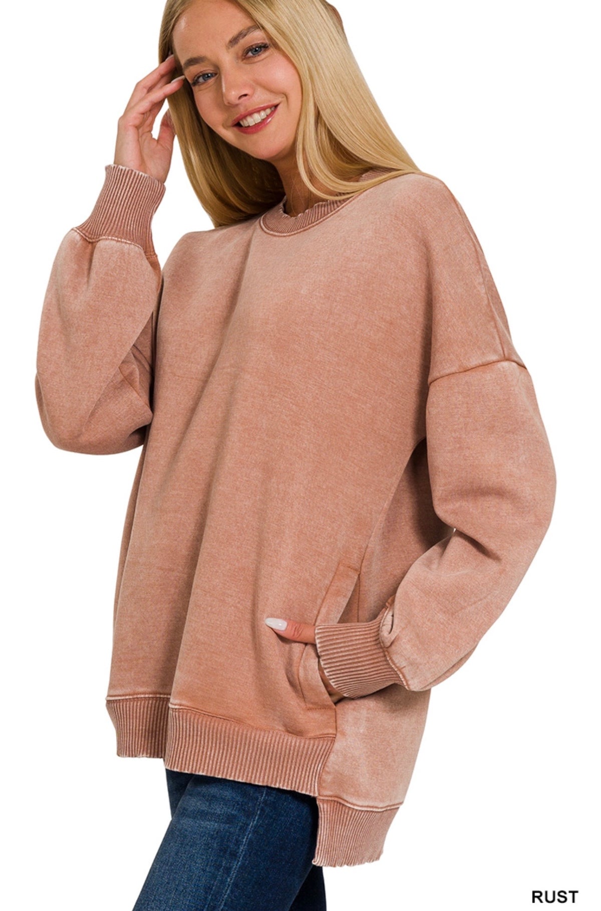Acid Wash Fleece Hi-Low Hem Pullover-Rust