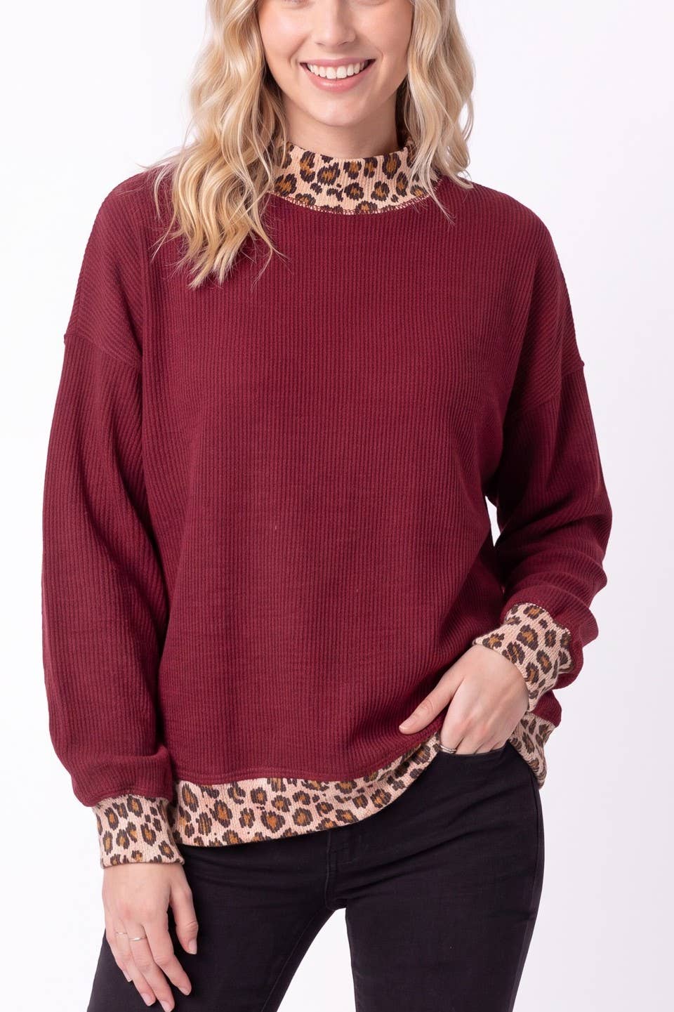 Rib Knit Leopard Contrast Pullover: BURGUNDY