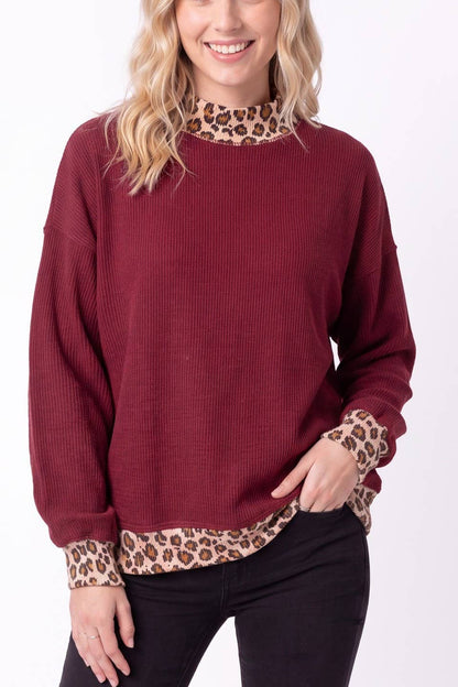 Rib Knit Leopard Contrast Pullover: BURGUNDY