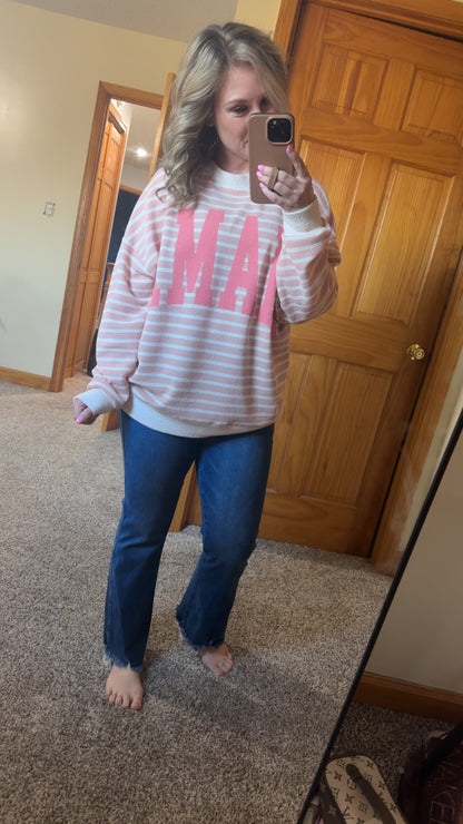 Oversized Pink Striped MAMA Long Sleeve Top
