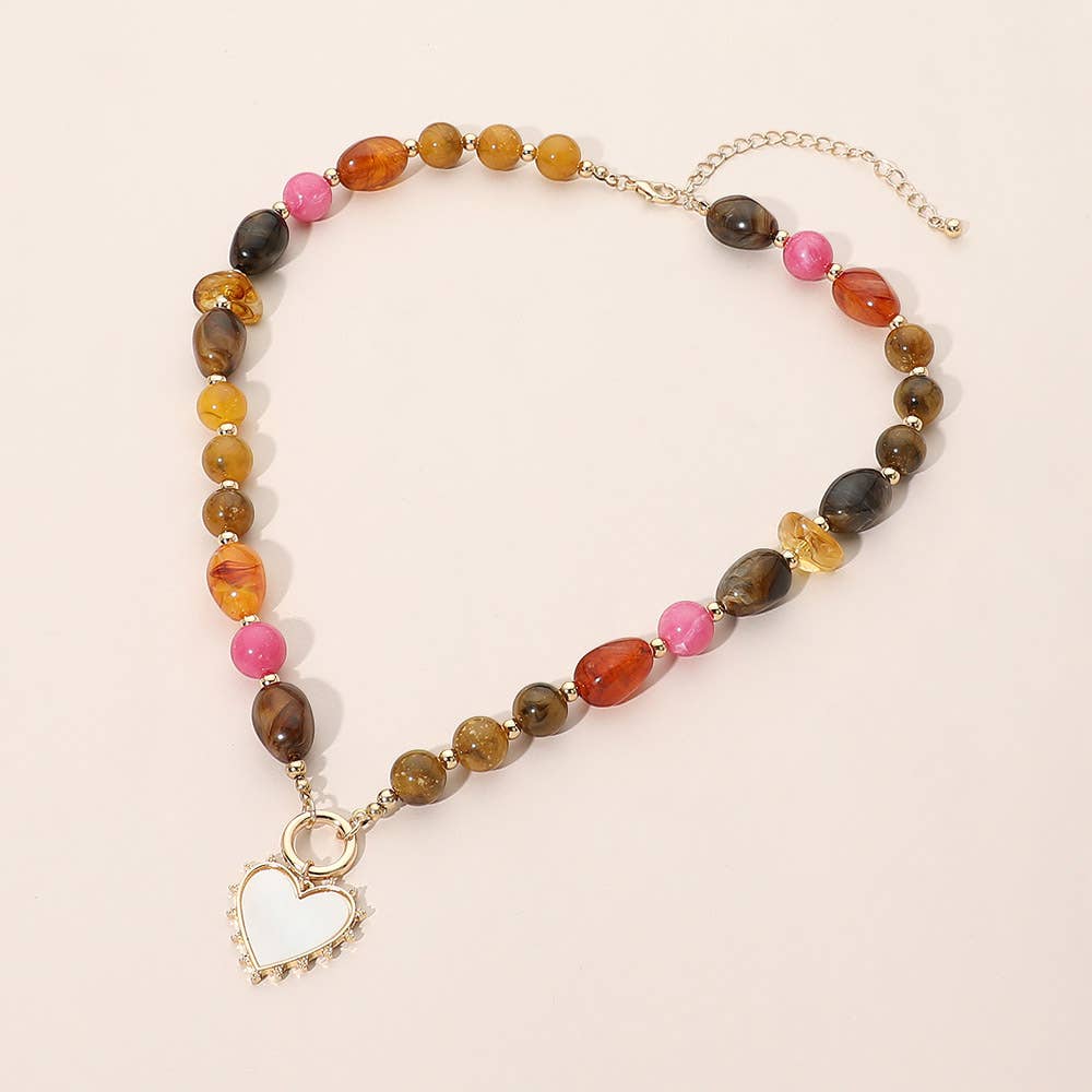 Heart Pendant Ring Accent Mixed Bead Necklace: Brown