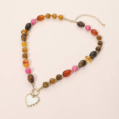 Heart Pendant Ring Accent Mixed Bead Necklace: Brown