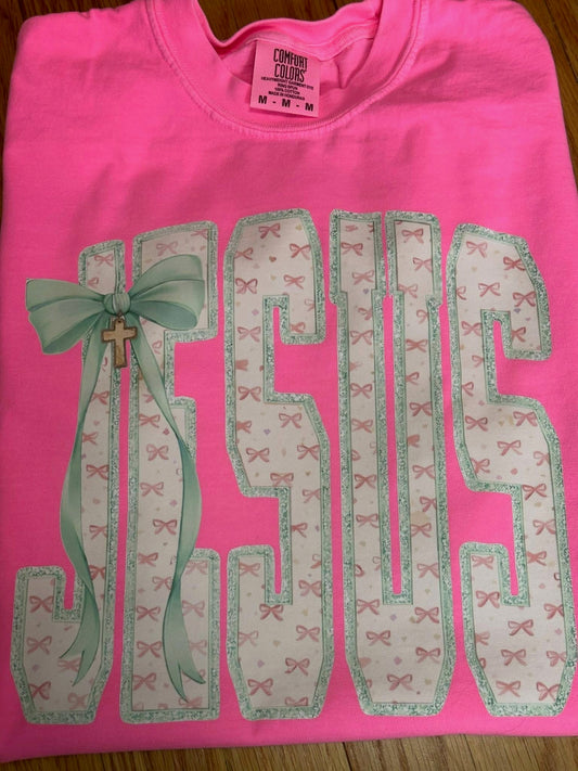 Jesus with Pink Bow Pattern and Blue Trim with Bow - Neon Pink - CC Tee