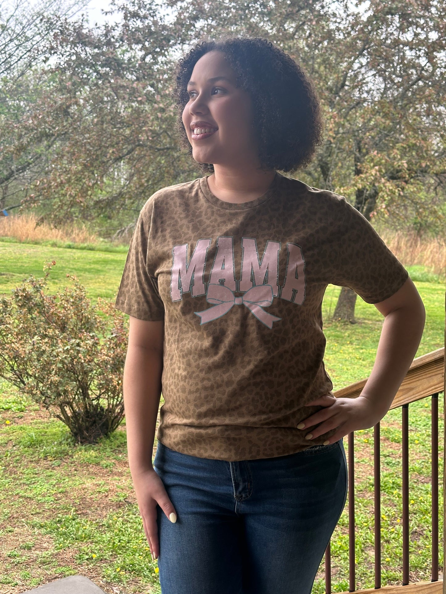 Mama - Pink with Blue Outline and Bow - Leopard Bella Tee