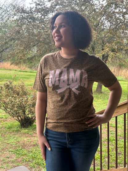 Mama - Pink with Blue Outline and Bow - Leopard Bella Tee